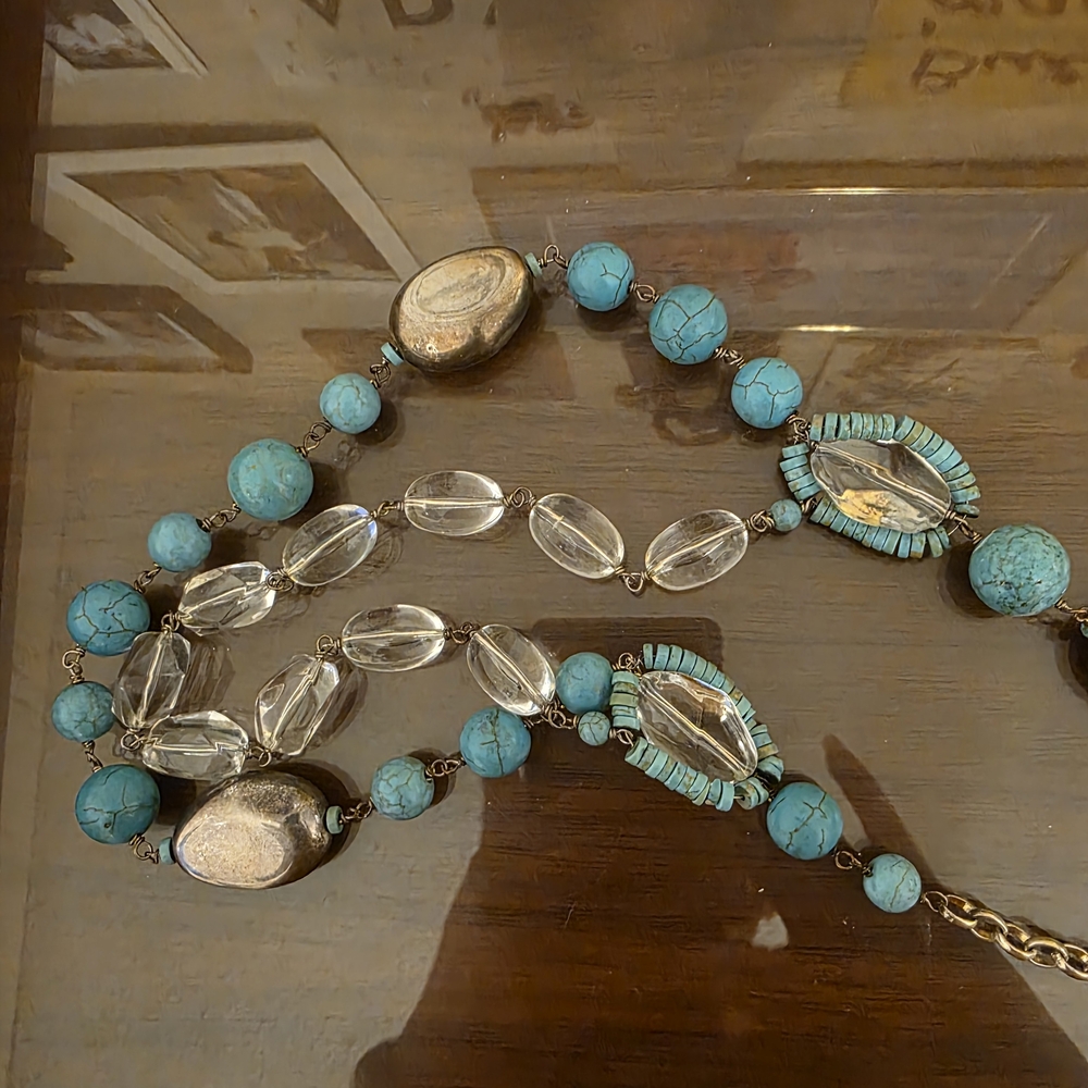 Chico's Turquoise and Gold Necklace with Clear Accents